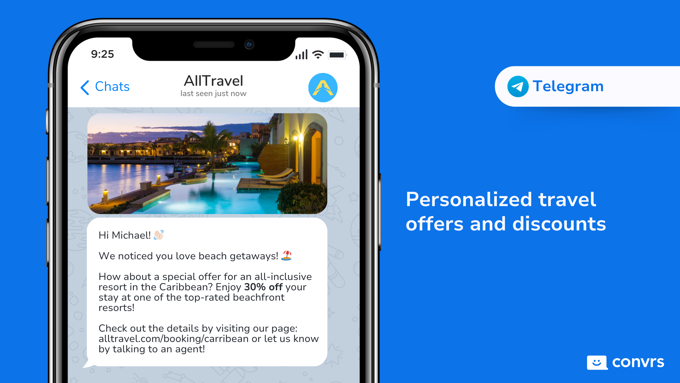 Customer receives Telegram message about personalized travel offers from a travel agency